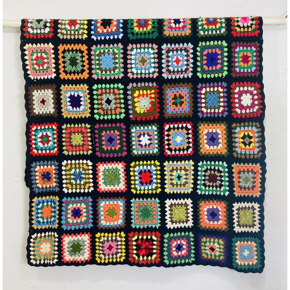 Handmade Other - Vintage Hand Crochet Afghan Throw Granny Squares Retro Black Rainbow 70s Cottage